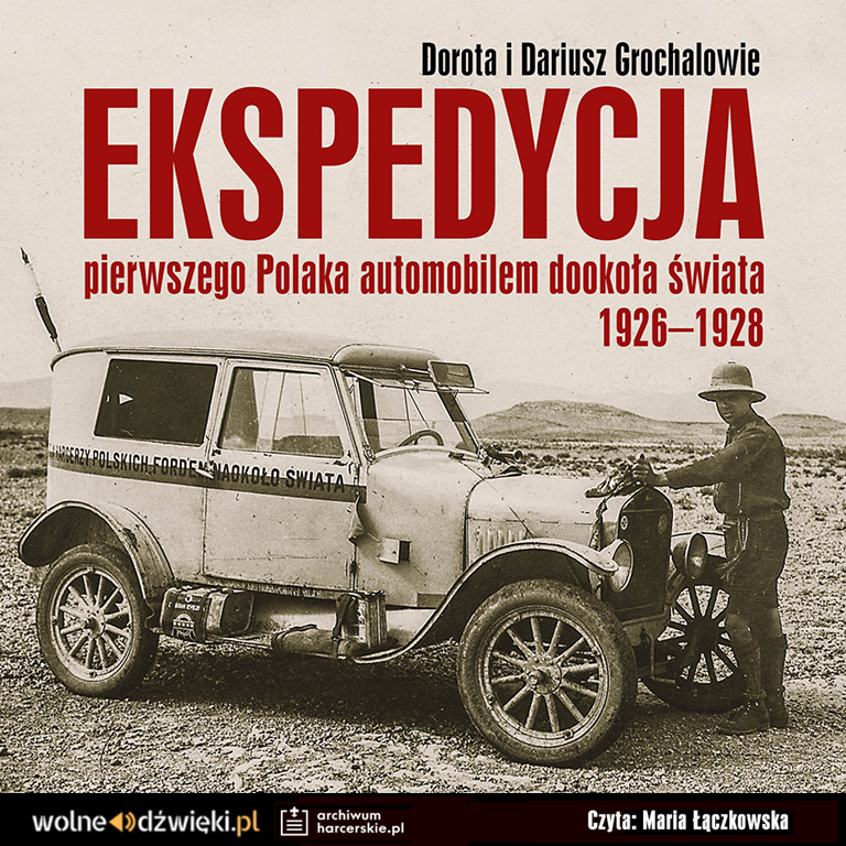 okładka audioboka: na pustyni w Afryce widać samochód Buick i głównego bohatera książki Jelińskiego